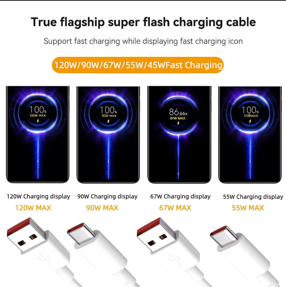 Original Usb Type C Cable 120W 100W 90W 67W Turbo Fast Charger Mi 17 15 14 13 12 T Pro 11 Ultra Poco F8 X8 X7 Redmi Note