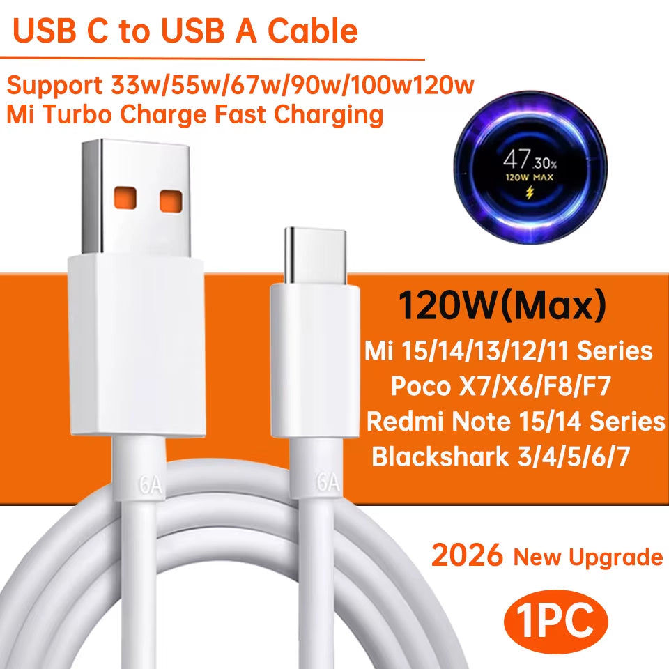 Original Usb Type C Cable 120W 100W 90W 67W Turbo Fast Charger Mi 17 15 14 13 12 T Pro 11 Ultra Poco F8 X8 X7 Redmi Note