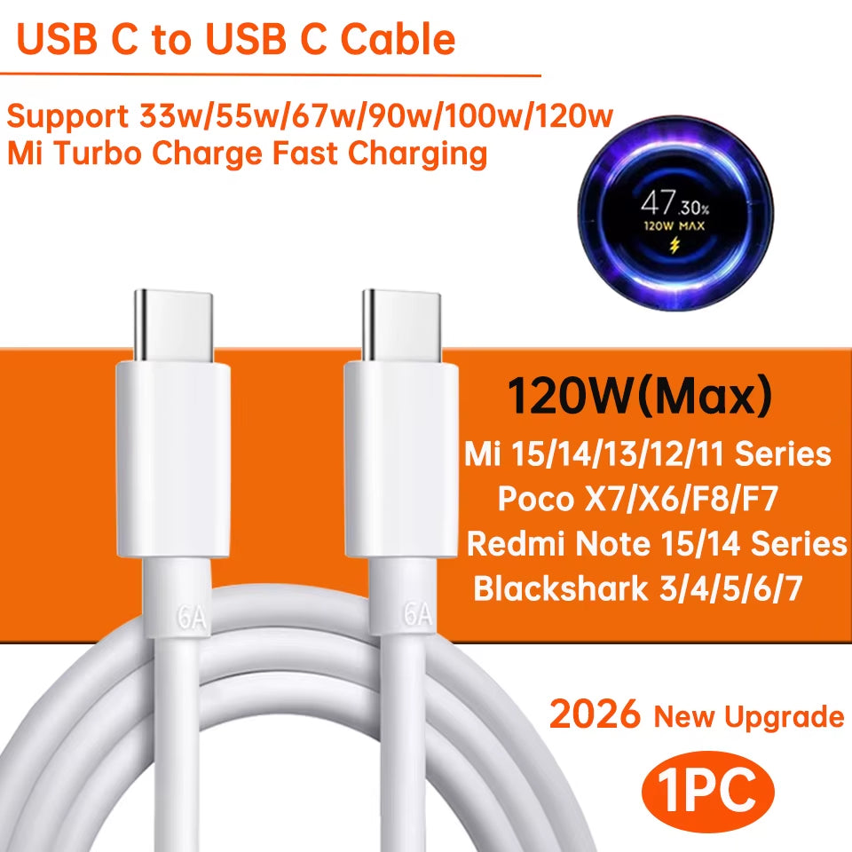 Original Usb Type C Cable 120W 100W 90W 67W Turbo Fast Charger Mi 17 15 14 13 12 T Pro 11 Ultra Poco F8 X8 X7 Redmi Note